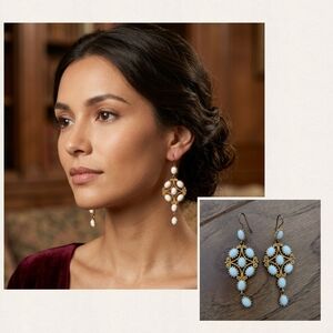 Gold and White Dangle Filagree Costume Dangle Earrings Vintage